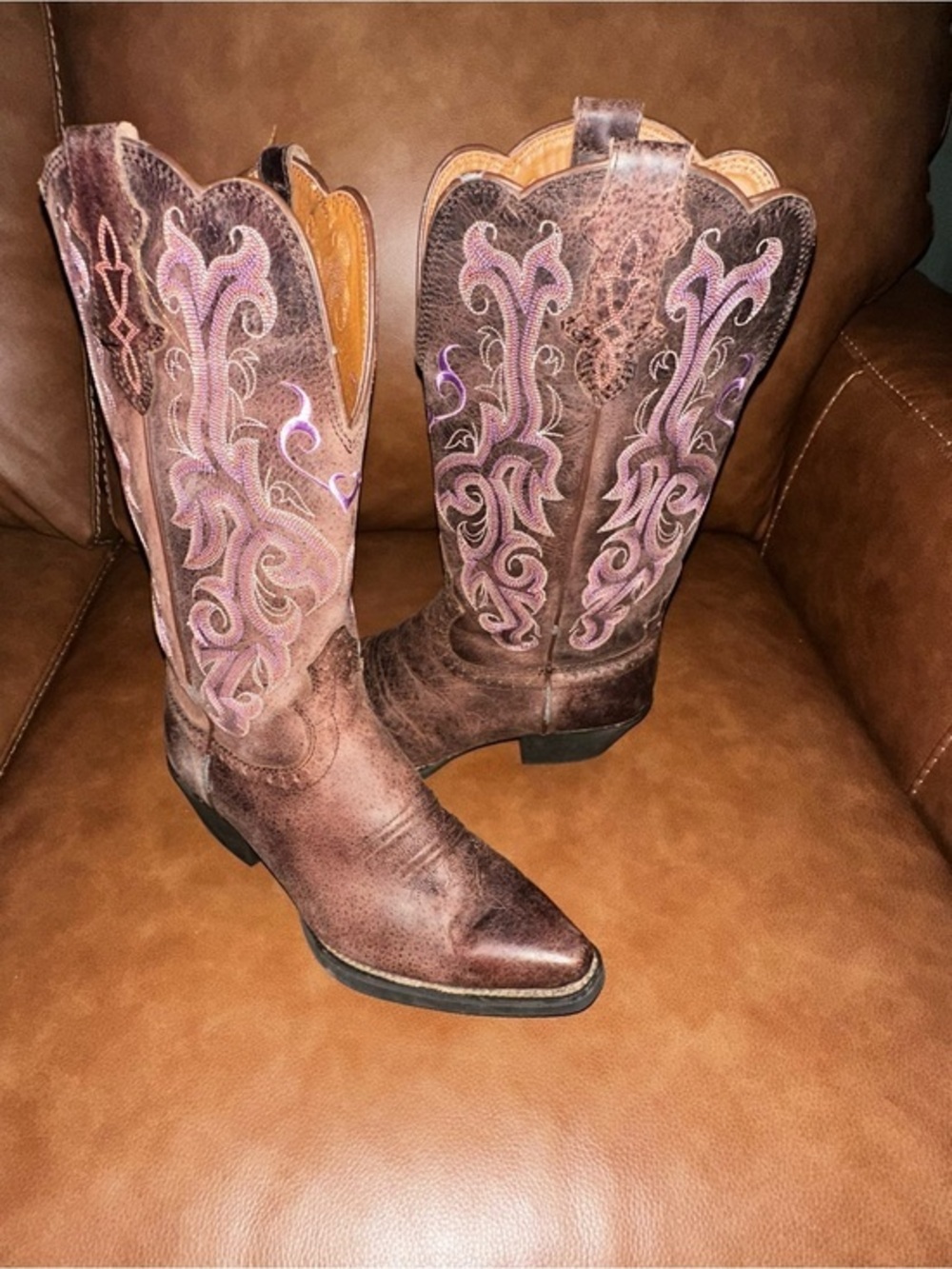 Justin Boots Brown Leather Western Heeled Boots with Purple Embroidery Snip Toe